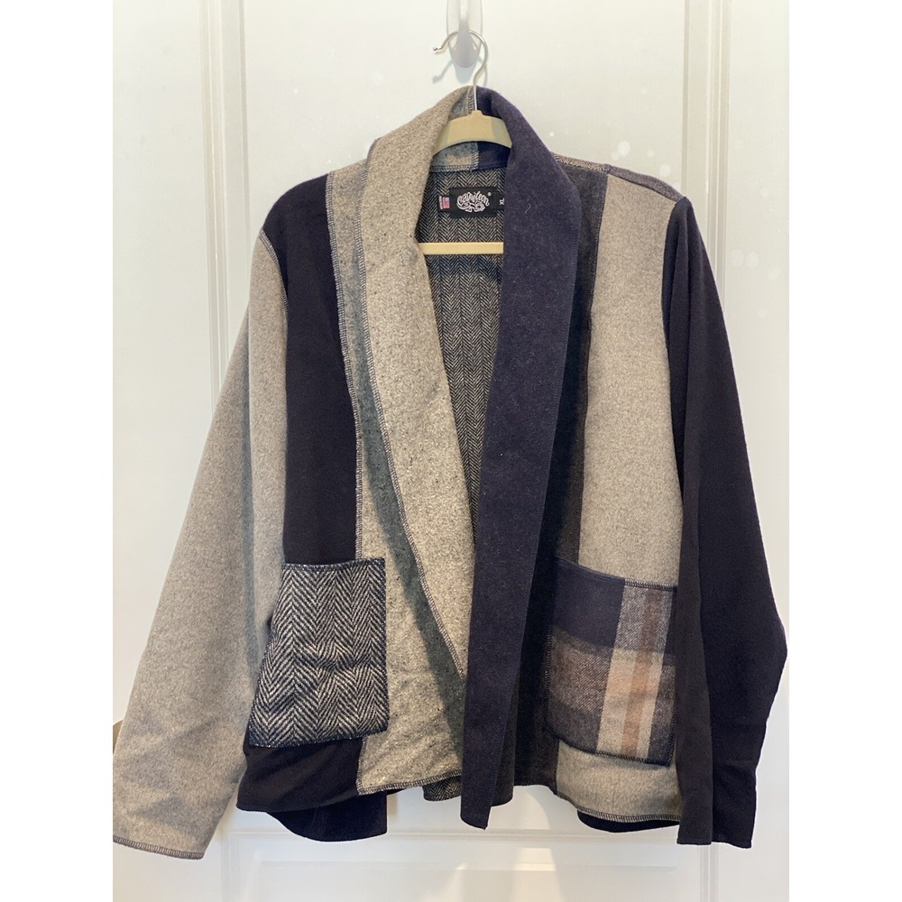 Cameleon Patchwork XL Wool Cardigan Jacket Gray Blue Made In USA Extra Large